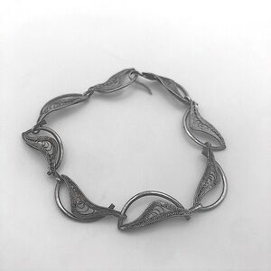 VTG Sterling Silver Filigree Leaf Link Bracelet Hook Clasp 7.5”
